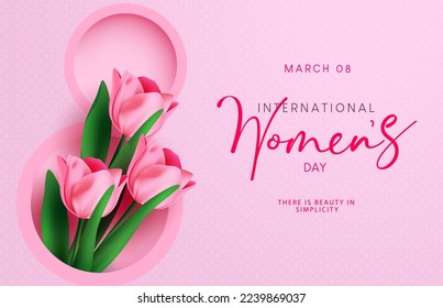 Women's day international vector background design. Happy women's day text with blooming fresh tulip flowers in number eight shape elements decoration. Vector Illustration.