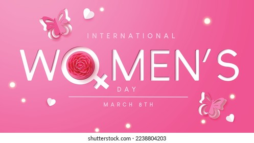 Women's day international vector design. International women's day greeting card in pink background with paper cut butterfly and flower elements. Vector Illustration.
