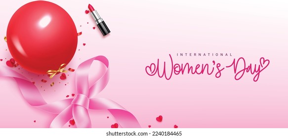 Frauentag internationale Vektordesign. Frauentag-Text im leeren Raum mit Ballon, Band und Lippenstift-Elementen für schöne Frauen Feiern auf rosafarbenem Hintergrund. Vektorgrafik.
