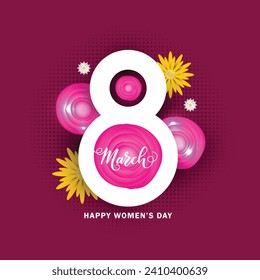 Diseño vectorial internacional del Día de la Mujer. Celebración del 8 de marzo del Día de la Mujer con elementos florales y número ocho