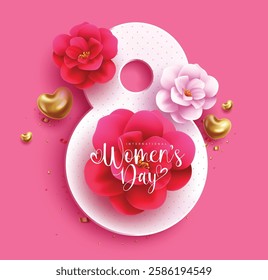 Women's day international vector design. March 8 women's day celebration with flower elements and number eight symbol in pink background. Vector Illustration. 
