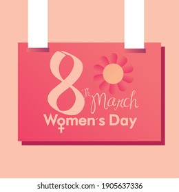 tarjeta de invitación del día de la mujer colgando 8 marchas y decoración floral ilustración vectorial