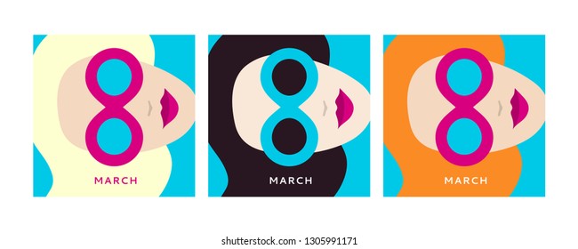 Womens day (IWD) - International  women's rights Day and femininity day. 8 March. Woman of different nationalities in sunglasses. Set of vector illustrations for greeting card, banner. Minimal design.