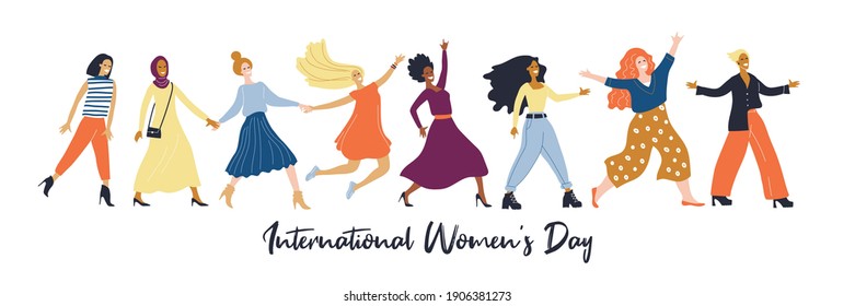 Womens day (IWD) - International  women's rights Day and femininity day. 8 March. Different nationalities. Vector illustration for greeting card, banner. Minimal trendy woman. Multicultural girls.