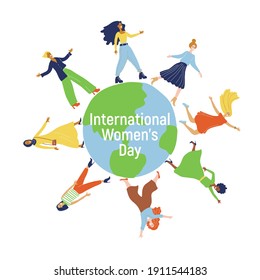 Womens day (IWD) - International  women's rights Day and femininity day. 8 March. Different nationalities. Minimal trendy illustrations for greeting card, banner. Multicultural girls are on the globe.