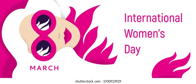 Womens day (IWD) - International  women's rights Day and femininity day. 8 March. Woman in sunglasses. Hair and pink abstract flowers. Vector illustration for greeting card, banner. Minimal design.