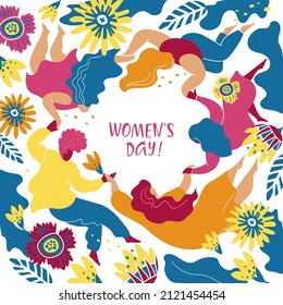 Womens day (IWD) - International  women's rights Day and femininity day. 8 March. Different nationalities. Vector illustration for card, banner. Multicultural girls hold hands. Flowers and leaves.