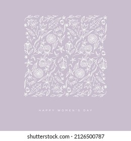 women's day lavender card with white flower doodle pattern