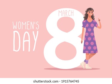 womens day lettering with beautiful young woman happy walking vector illustration design