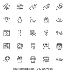 Womens day line icons set. linear style symbols collection, outline signs pack. International Women's Day vector graphics. Set includes icons as 8 march calendar, flowers, gift box, surprise present