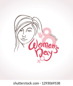 Women's Day linear modern vector template with lettering design 8 march and female face. Elegant greeting card design for International Women's Day celebration. 
