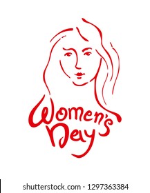 Women's Day linear modern vector template with female face and lettering design. Elegant greeting card International Women's Day. Vector template with for card, poster, flyer and other users.
