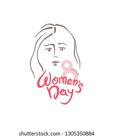 Women's Day linear modern vector template with lettering design 8 march and female face. Elegant greeting card International Women's Day. Vector template with for card, poster, flyer and other users.

