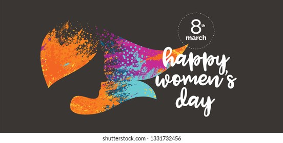 Women's Day Logo Design. Woman Head. Title with Colorful Elements Saying 8th March, Happy Women's Day.