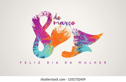 Design de logotipo do dia da mulher. Cabeça de mulher. Título com Elementos Coloridos Dizendo 8 de março, Feliz Dia da Mulher em Português Brasileiro.