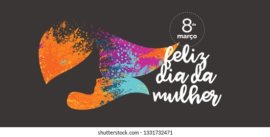 Women's Day Logo Design. Woman Head. Title with Colorful Elements Saying 8th March, Happy Women's Day in Portuguese Brazilian.