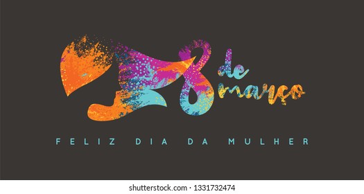 Women's Day Logo Design. Woman Head. Title with Colorful Elements Saying 8th March, Happy Women's Day in Portuguese Brazilian.