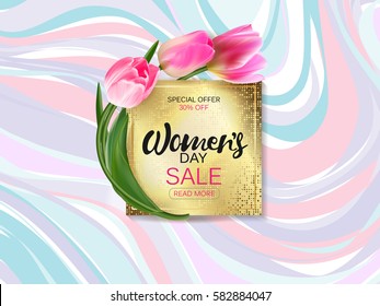 Womens day marble background with beautiful tulip flowers. Golden plate, lettering Women's day sale.Vector illustration template, card, banners, flyers, invitation, posters, brochure, voucher discount