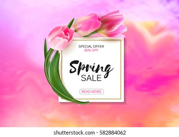 Womens day marble background with beautiful tulip flowers. Golden plate, lettering Women's day sale.Vector illustration template, card, banners, flyers, invitation, posters, brochure, voucher discount