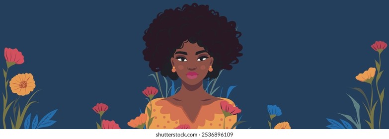 Women's day. March 8. Beautiful African American woman on the background of flowers, plants and place for text. Feminism. Gender equality and women's empowerment. Vector bright flat banner