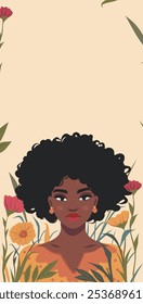 Women's day. March 8. Beautiful African woman on the background of flowers, plants and place for text. Feminism. Gender equality and women's empowerment. Vector bright flat banner