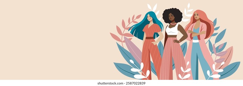 Women's Day. March 8. Beautiful women of different skin colors and cultures stand together against a background of flowers. Vector banner in pink pastel colors. For women's projects with place for tex