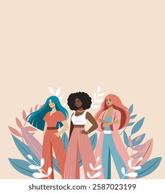 Women's Day. March 8. Beautiful women of different skin colors and cultures stand against a background of flowers. Vector banner in pink pastel colors. For women's projects with place for text