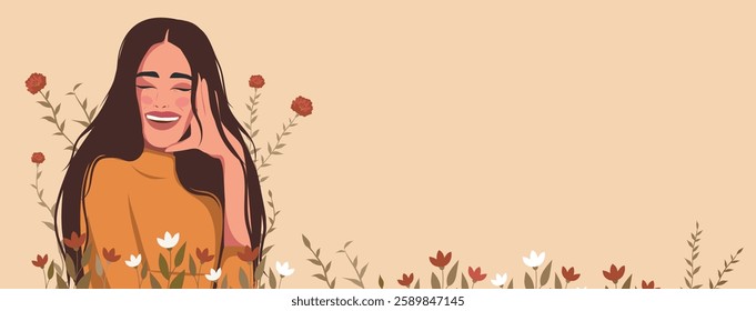 Women's Day. March 8. Beautiful happy woman girl smiling on the background of flowers. Illustration with place text on beige background. Gender equality and women's empowerment. For women's projects