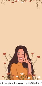 Women's Day. March 8. Beautiful happy woman girl smiling on the background of flowers. Vertical illustration with place text. Gender equality and women's empowerment. For women's projects