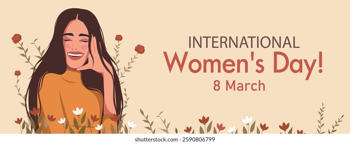 Women's Day. March 8. Beautiful happy woman girl smiling on the background of flowers. Illustration with place text on beige background. For women's projects. Gender equality and women's empowerment