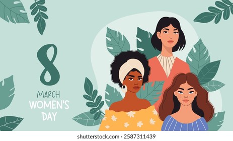 Women's Day March 8. Cute Diverse Woman. Female Portrait with leaves on green background. International Holiday Horizontal Banner. Vector illustration. Celebration and feminism concept