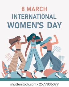 Women's Day. March 8. Different women, different cultures and skin colors stand together and look forward. Feminism. Gender equality and women's empowerment. Vector banner with space for text