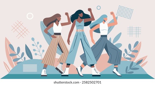 Women's Day. March 8. Different women, girls of different cultures and skin colors stand together and look forward. Feminism. Gender equality and women's empowerment. Vector banner