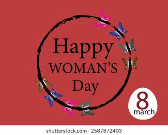 Women's day. March 8. Different women, girls of cultures and skin colors stand together and look up. Feminism. Gender equality and women empowerment.card design with back ground.