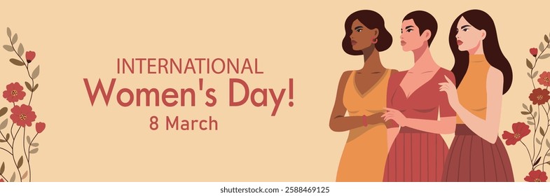 Women's Day. March 8. Different women together on the background of spring flowers, the fight for gender equality, freedom, women's empowerment. Vector horizontal banner for women's projects