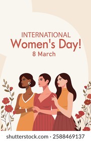 Women's Day. March 8. Different women together against the backdrop of spring flowers, fighting for gender equality, freedom and women's empowerment. Vector banner for women's projects and holidays