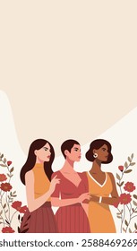 Women's Day. March 8. Different women together against the background of spring flowers, the fight for gender equality, freedom, women's empowerment. Vector banner for women's projects and holidays