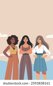 Women's Day. March 8. Different women stand together in a protest pose against the sky, fighting for gender equality and women's empowerment. Vector banner suitable for women's projects