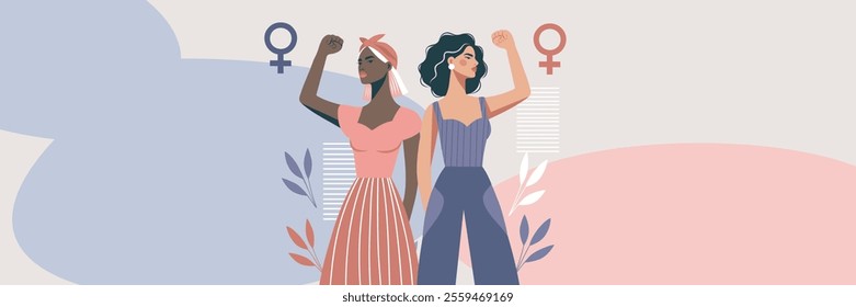 Women's day. March 8. Equality day. Vector banner different women with flowers and protest gesture stand together, fight for gender equality and empowerment. Suitable for feminism projects, website