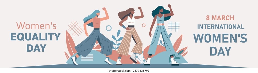 Women's Day. March 8. Equality Day. Different women, different cultures and skin colors stand together and look forward. Feminism. Gender equality and women's empowerment. Vector banner