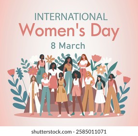 Women's Day. March 8. Equality Day. Women of different cultures and skin colors stand together against a background of flowers, fighting for gender equality, empowerment and opportunities. Vector bann