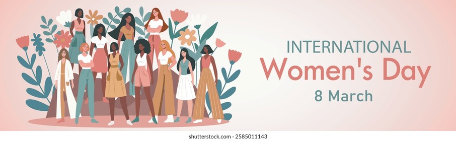 Women's Day. March 8. Equality Day. Women of different cultures and skin colors stand together against a background of flowers, fighting for equality, empowerment and opportunities. Vector horizontal 