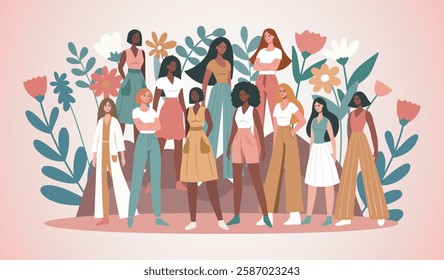 Women's Day. March 8. Equality Day. Women of different cultures and skin colors stand together against a background of flowers, fighting for gender equality and empowerment. Vector illustration