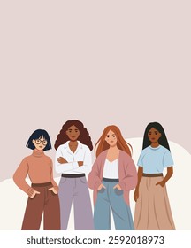 Women's Day. March 8. Equality Day. Women of different skin colors, cultures stand together for freedom, empowerment and women's rights. Vector illustration with space for text for women's projects