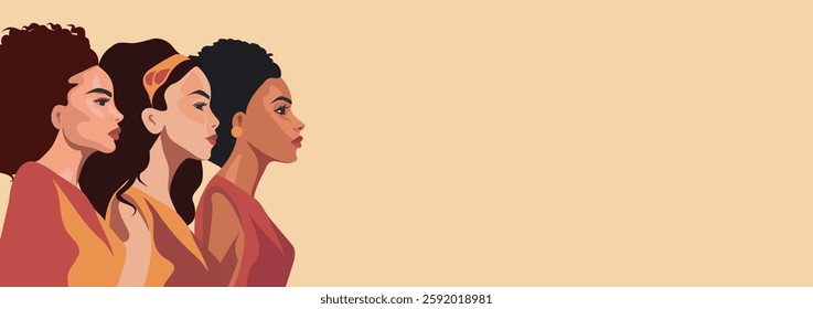 Women's Day. March 8. Equality Day. Women of different skin colors, cultures and nationalities fight together for freedom, empowerment and women's opportunities. For women's projects and holidays