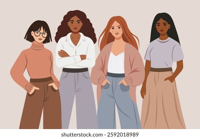 Women's Day. March 8. Equality Day. Women of different skin colors, cultures and nationalities fight together for freedom, empowerment and women's rights. Pastel palette. For women's projects