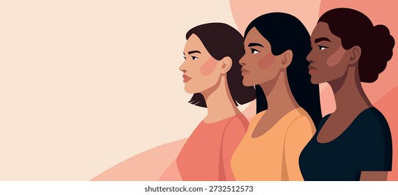 Día de la Mujer, 8 de marzo, Día de la Igualdad. Anuncio de Vector con espacio para texto, paleta pastel. Mujeres de diferentes culturas, colores de piel se mantienen unidas. Diversidad de símbolos, feminismo, libertad, empoderamiento de las mujeres