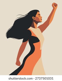 Women's Day, March 8, Equality Day. Vector illustration confident woman raising her fist in a gesture of strength, protest. For feminism, motivational posters, women's empowerment, freedom