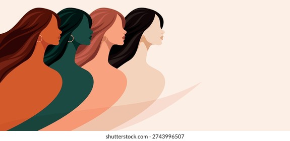 Women's Day, March 8, Equality Day. Vector silhouettes of different women ethnic groups, skin tones in profile. Diversity, unity, equality, women's empowerment. For posters, postcards, social networks