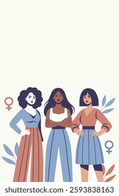 Women's Day. March 8. Feminism. Different women stand together in a protest pose, fighting for gender equality and women's empowerment. Vector flat banner, suitable for women's projects